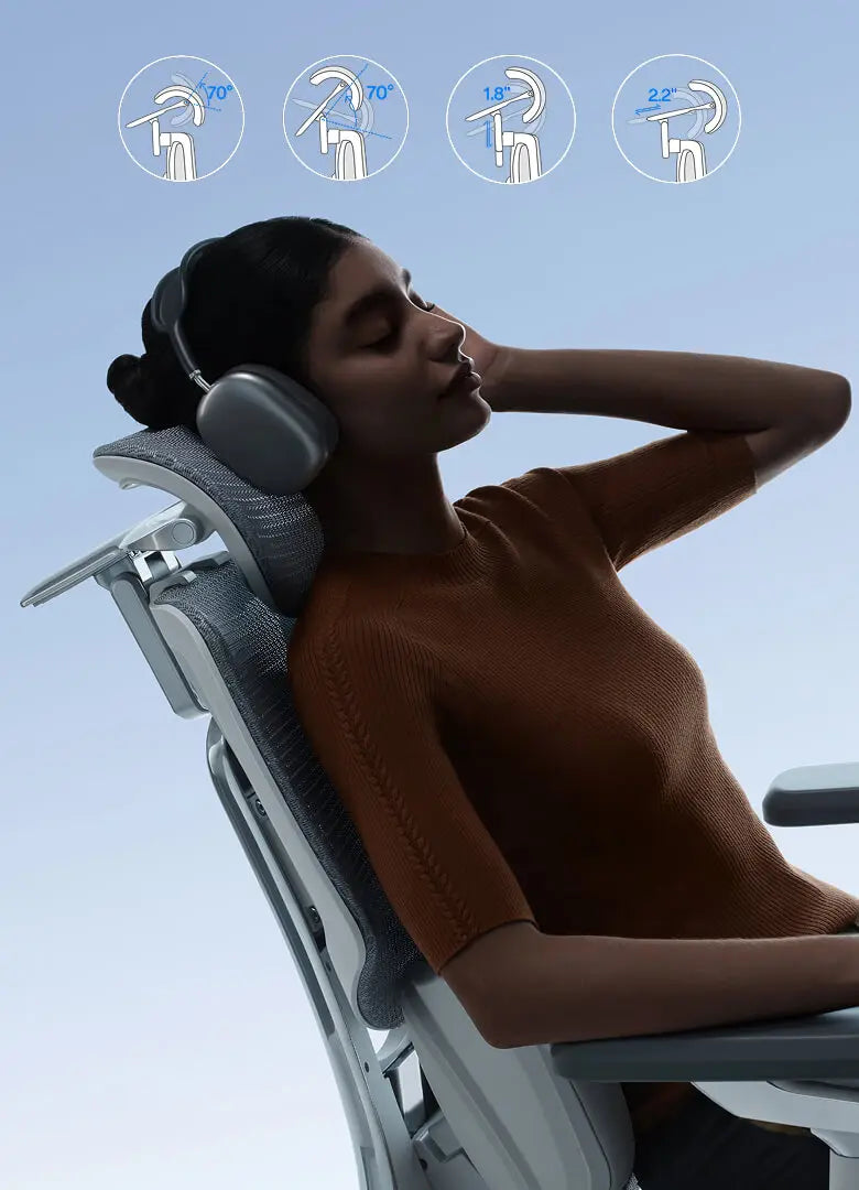Woman resting her head on the HBADA X7 4D headrest, with icons for its rotation, height and depth