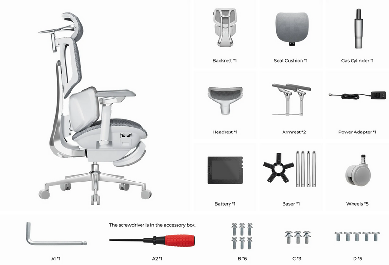 Parts in the HBADA X7 box: backrest, headrest, seat, armrests, base, casters, battery, adapter and tools
