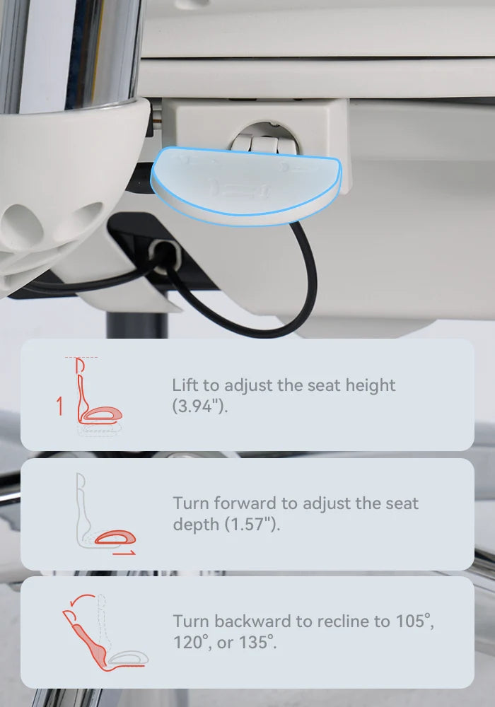 Side controls for seat height, seat depth and recline
