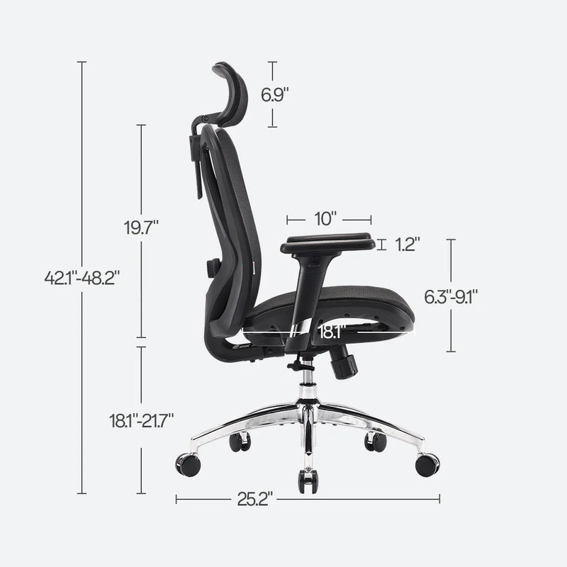 Sihoo M57 side dimensions drawing (inches)