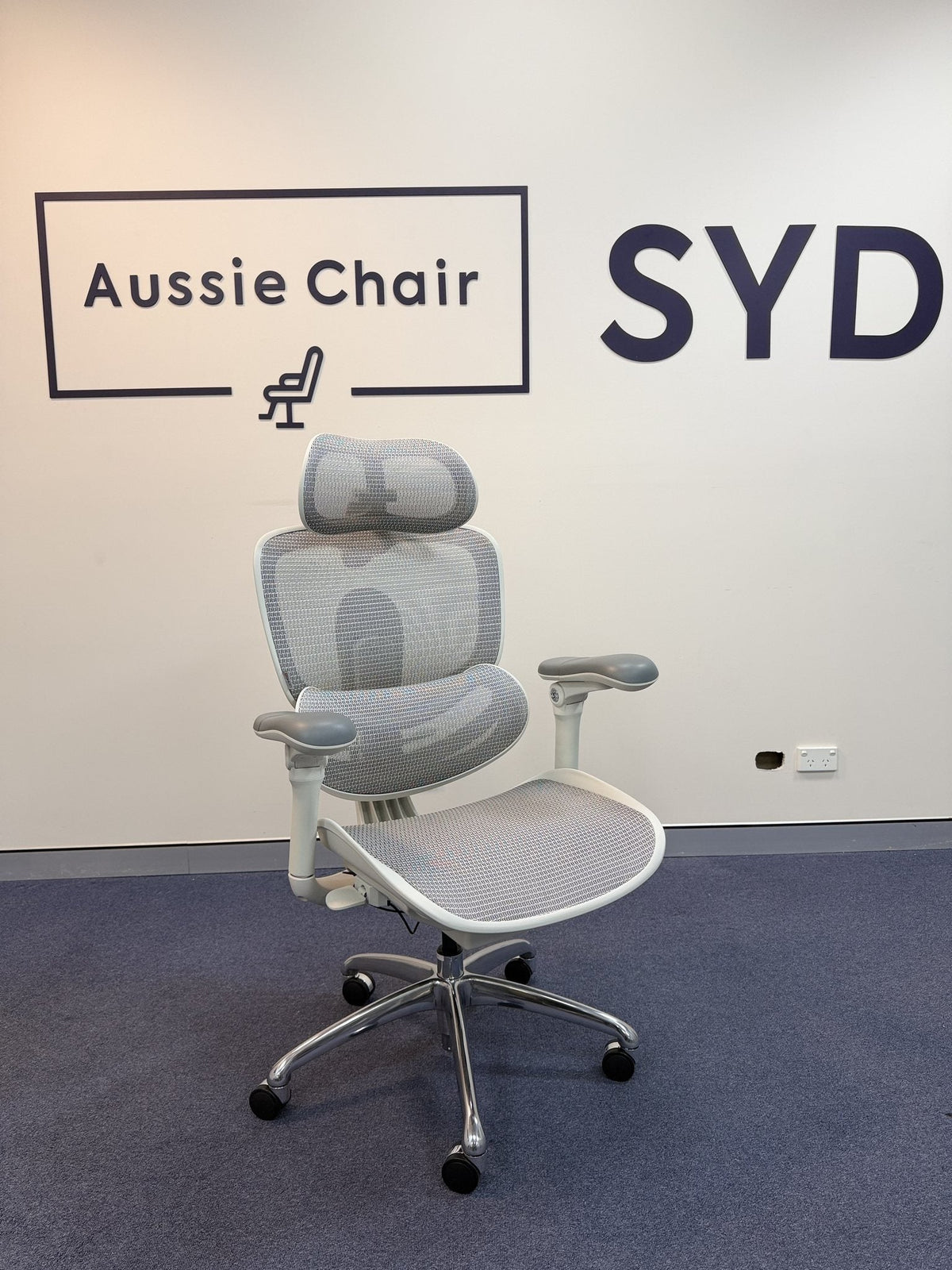 Sihoo DORO-C300 Pro V2 in Grey with white frame, front three-quarter view, Aussie Chair Sydney showroom
