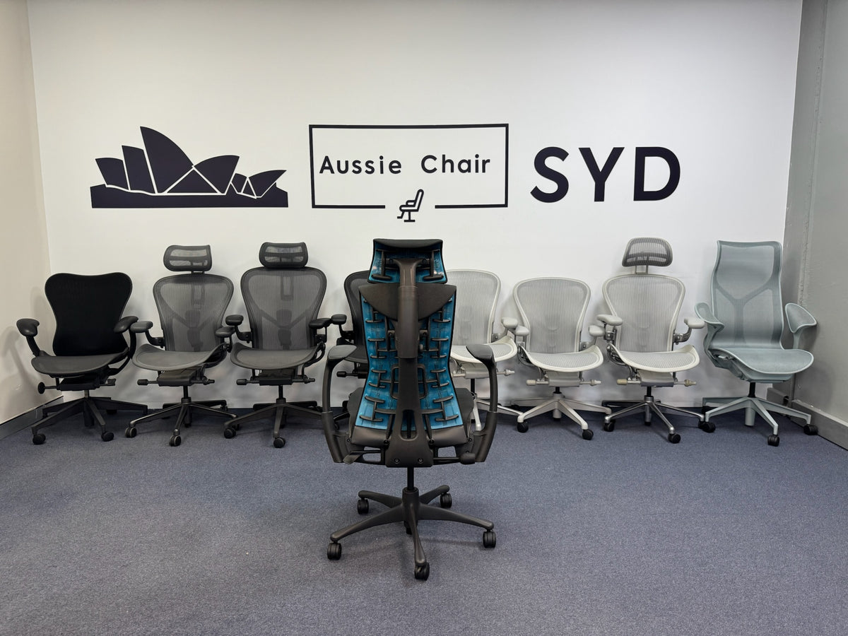 Herman Miller Embody Gaming Chair in Black & Cyan – rear view in Aussie Chair Sydney showroom