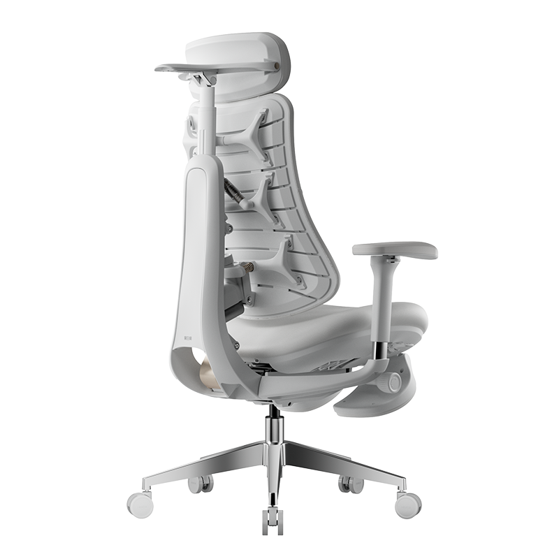 HBADA T8 Max in White, rear three-quarter view showing the spine-style back frame