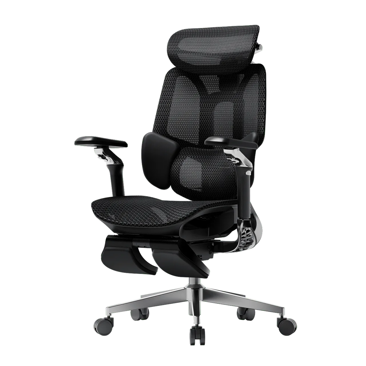 HBADA E3 Pro in Black with footrest, three-quarter view