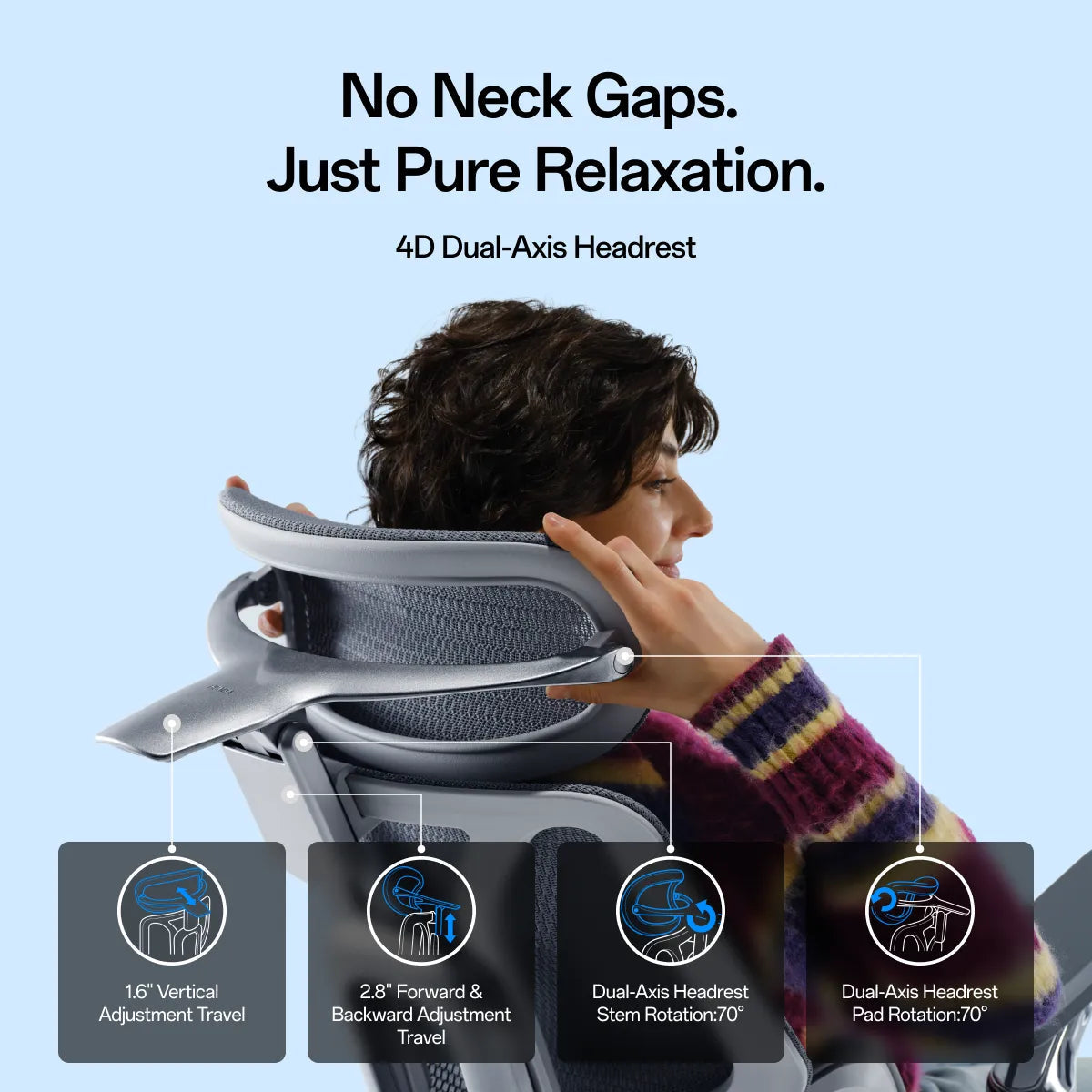 4D dual-axis headrest — no neck gaps