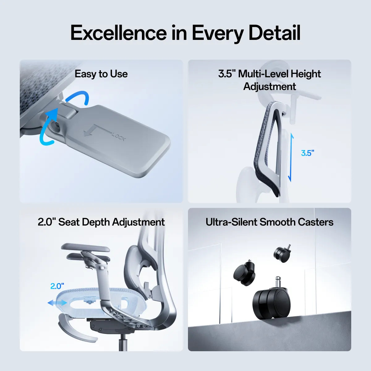 Seat height, seat depth and silent casters in detail