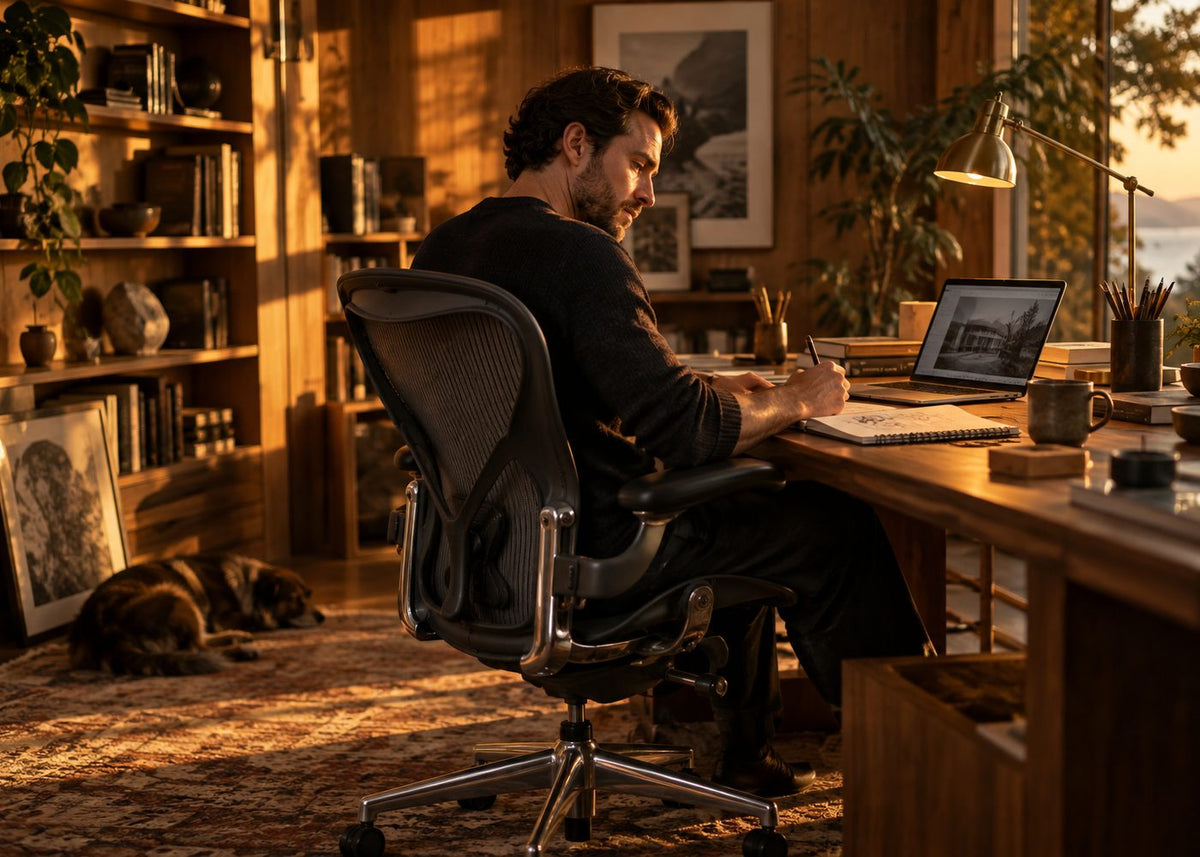 Man sketching at a walnut desk in a Herman Miller Aeron chair in a warm, sunlit home studio