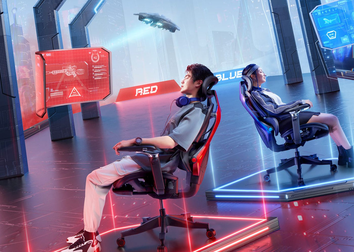 Two gamers reclining in UE ergonomic chairs in a neon red-and-blue games arena