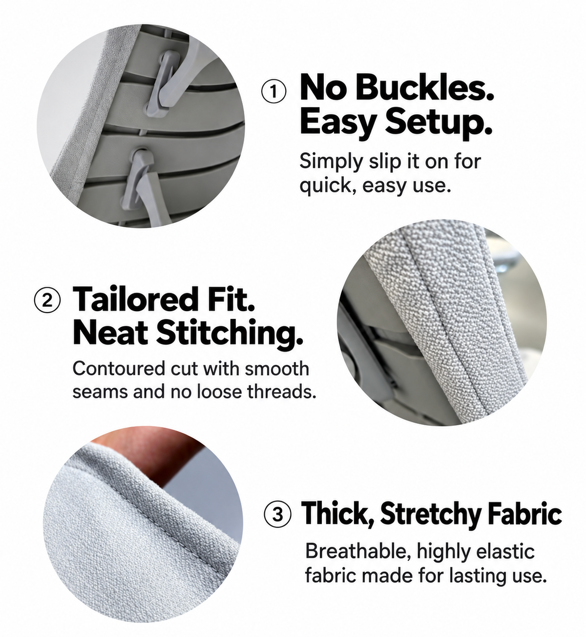CloudSoft 4-Piece Chair Cover Set – features infographic: no buckles, tailored fit, stretchy fabric
