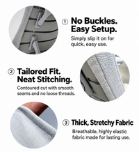 CloudSoft 4-Piece Chair Cover Set – features infographic: no buckles, tailored fit, stretchy fabric