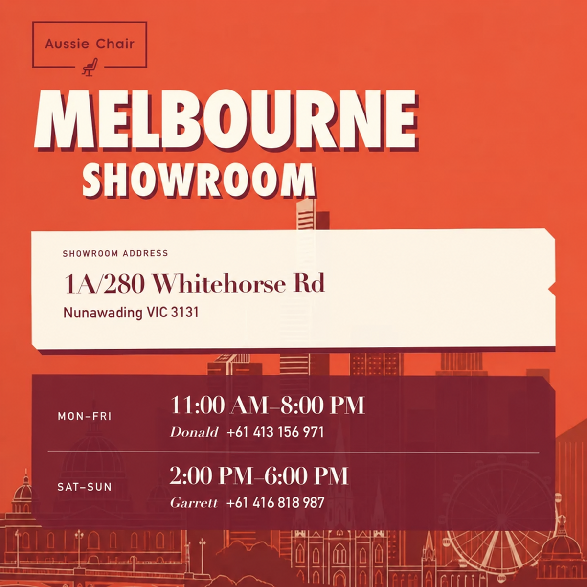 Aussie Chair Melbourne showroom — Shop 1A/280 Whitehorse Rd, Nunawading VIC 3131