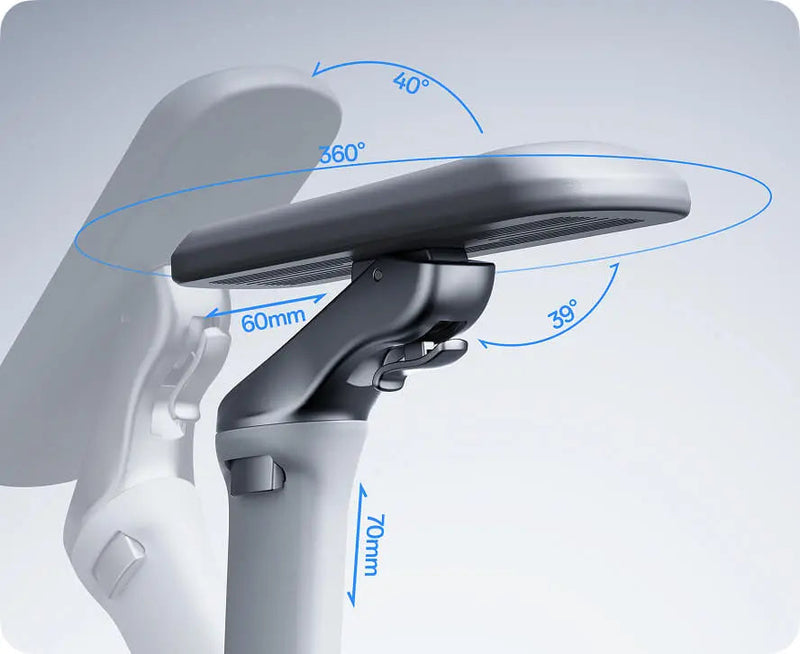 HBADA E3 Pro armrest adjustment ranges: 360 degree rotation, 39 degree flip, 60 mm and 70 mm travel