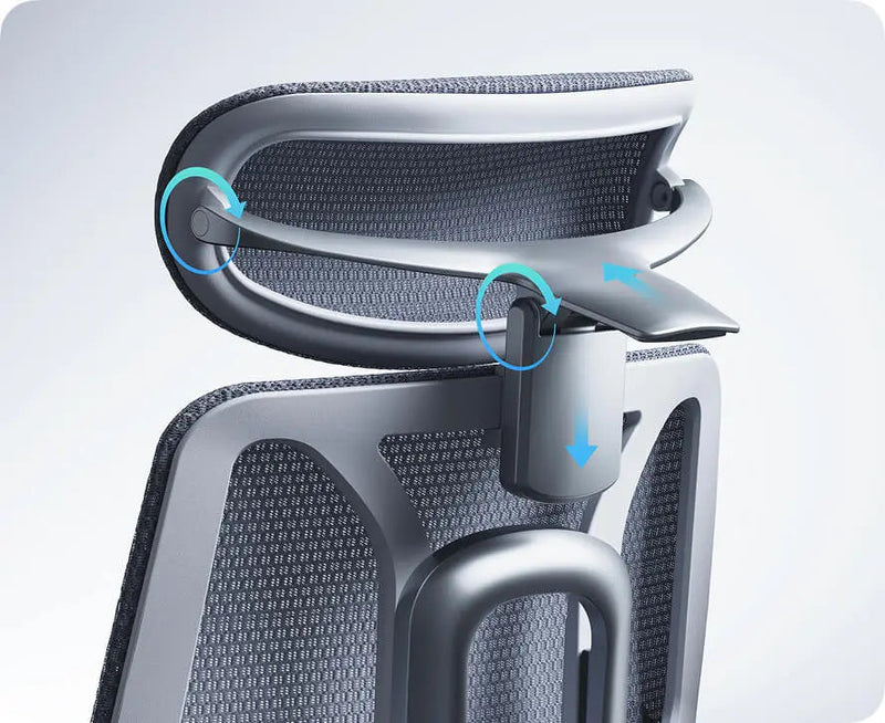 HBADA E3 Pro 4D dual-axis headrest with its rotation and lift directions marked