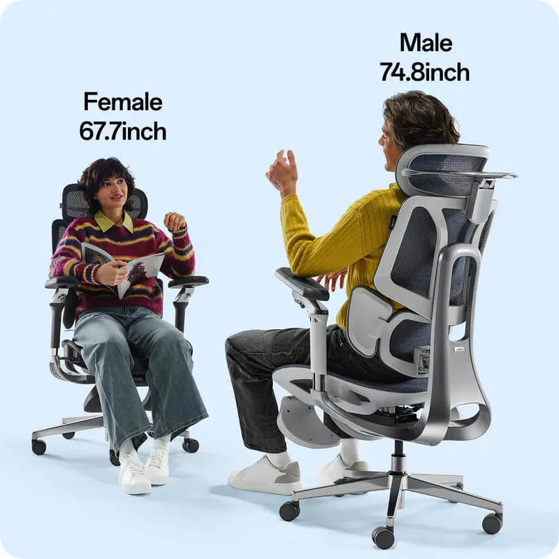 A 172 cm woman and a 190 cm man each fitted to an HBADA E3 Pro