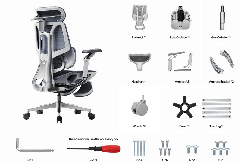 HBADA E3 Pro box contents: backrest, seat, gas cylinder, headrest, armrests, base, castors, tools and screws