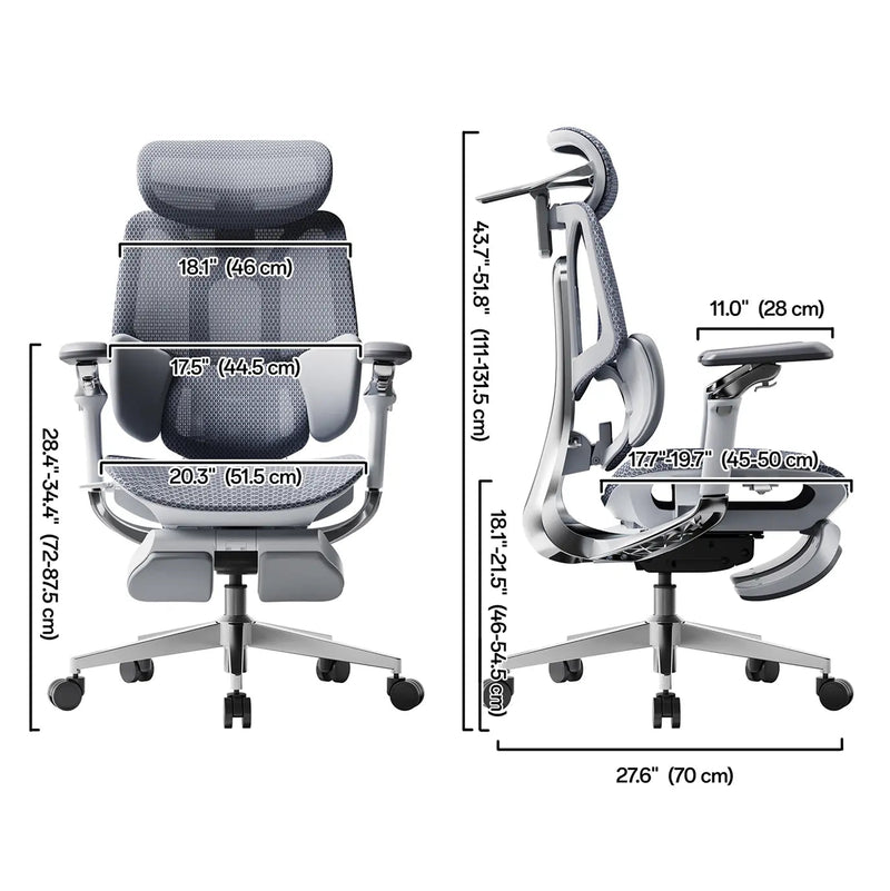HBADA E3 Pro dimensions: front and side drawings with seat, backrest and armrest measurements