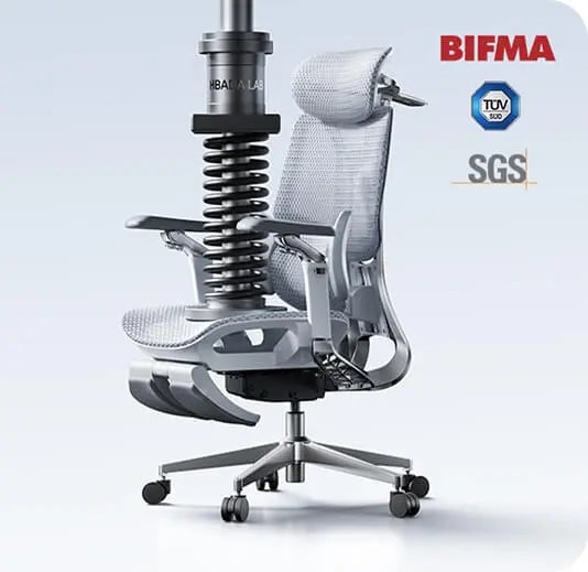 HBADA E3 Pro on a durability test spring with BIFMA, TUV and SGS marks