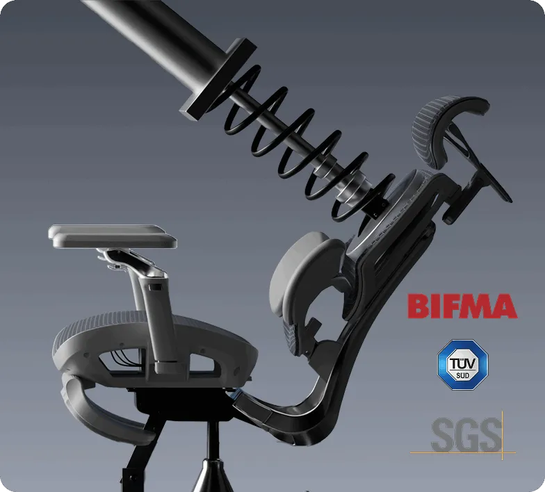 HBADA E3 Ultra frame and recline spring with BIFMA, TÜV and SGS certification marks