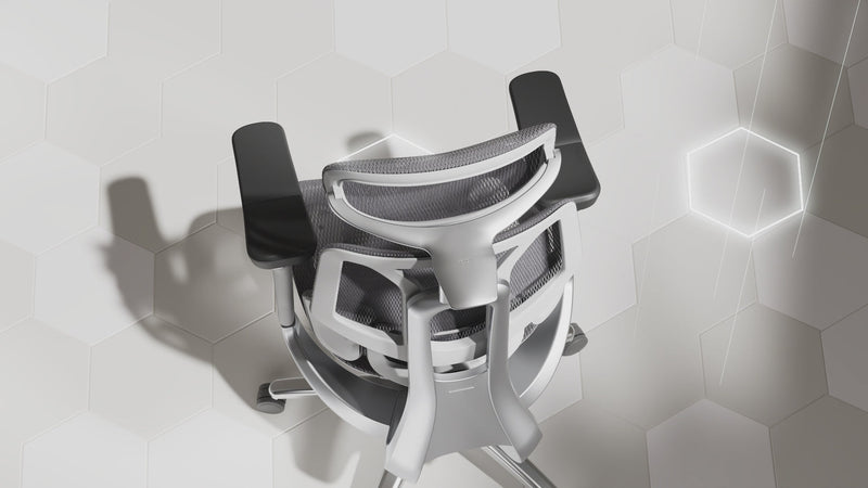 HBADA E3-series chair seen from above on a hexagon floor, opening frame of the product film