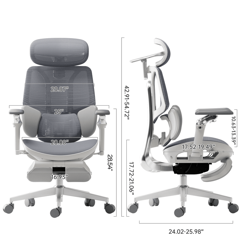 HBADA E3 Ultra in Grey, front and side dimension drawing with footrest