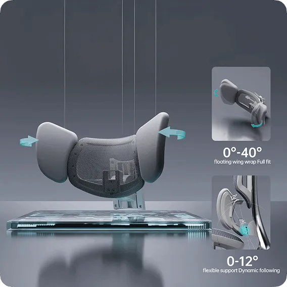 HBADA E3 Ultra 3-zone lumbar: 0–40° floating side wings and 0–12° spring-loaded flex