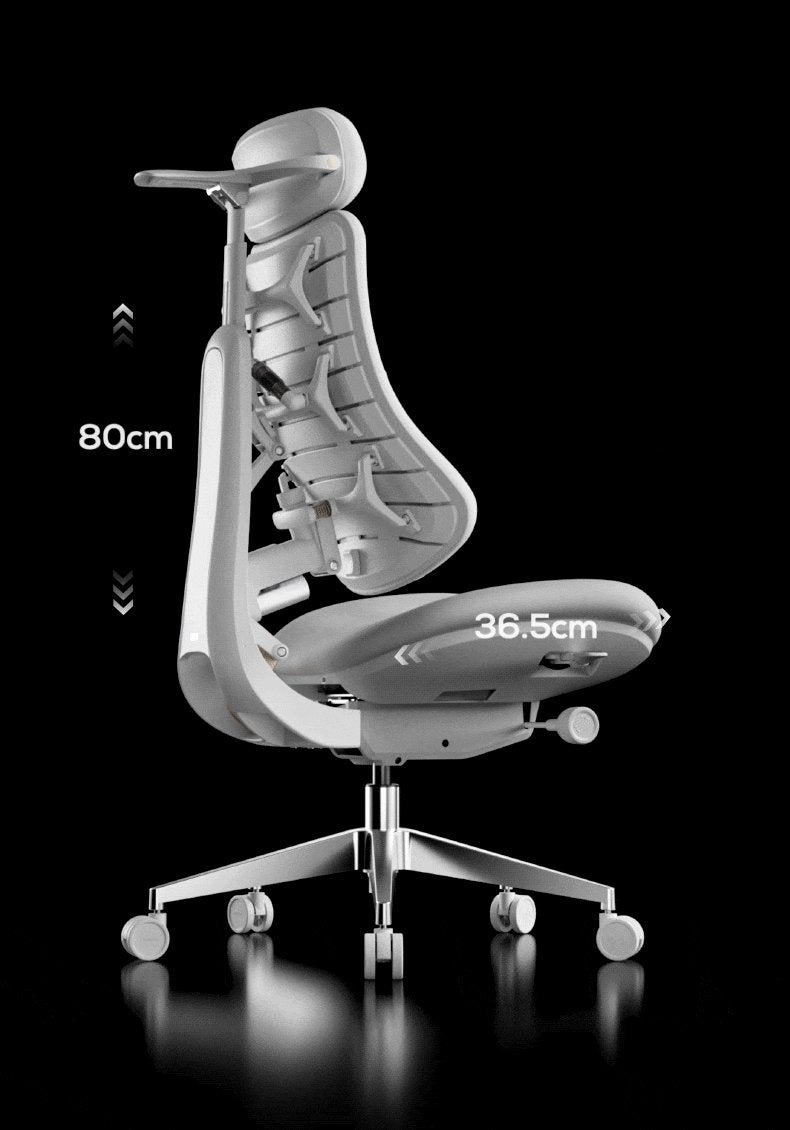 Side view of the HBADA T8 Max with animated measurements: backrest height 80 to 85 cm and seat depth 36.5 to 49.0 cm