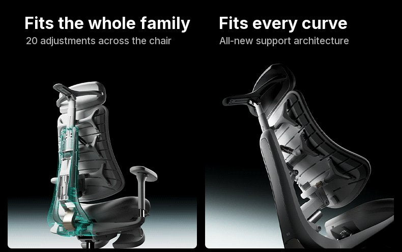 Cutaway renders of the HBADA T8 Max showing the backrest height-adjustment column and the support frame