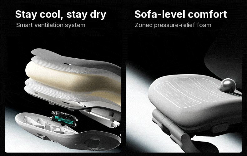 Exploded view of the HBADA T8 Max ventilated seat with its fan, next to the zoned foam seat cushion