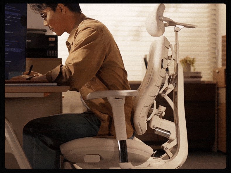 Man working at his desk in a white HBADA T8 Max, with close-ups of the backrest and lumbar mechanism
