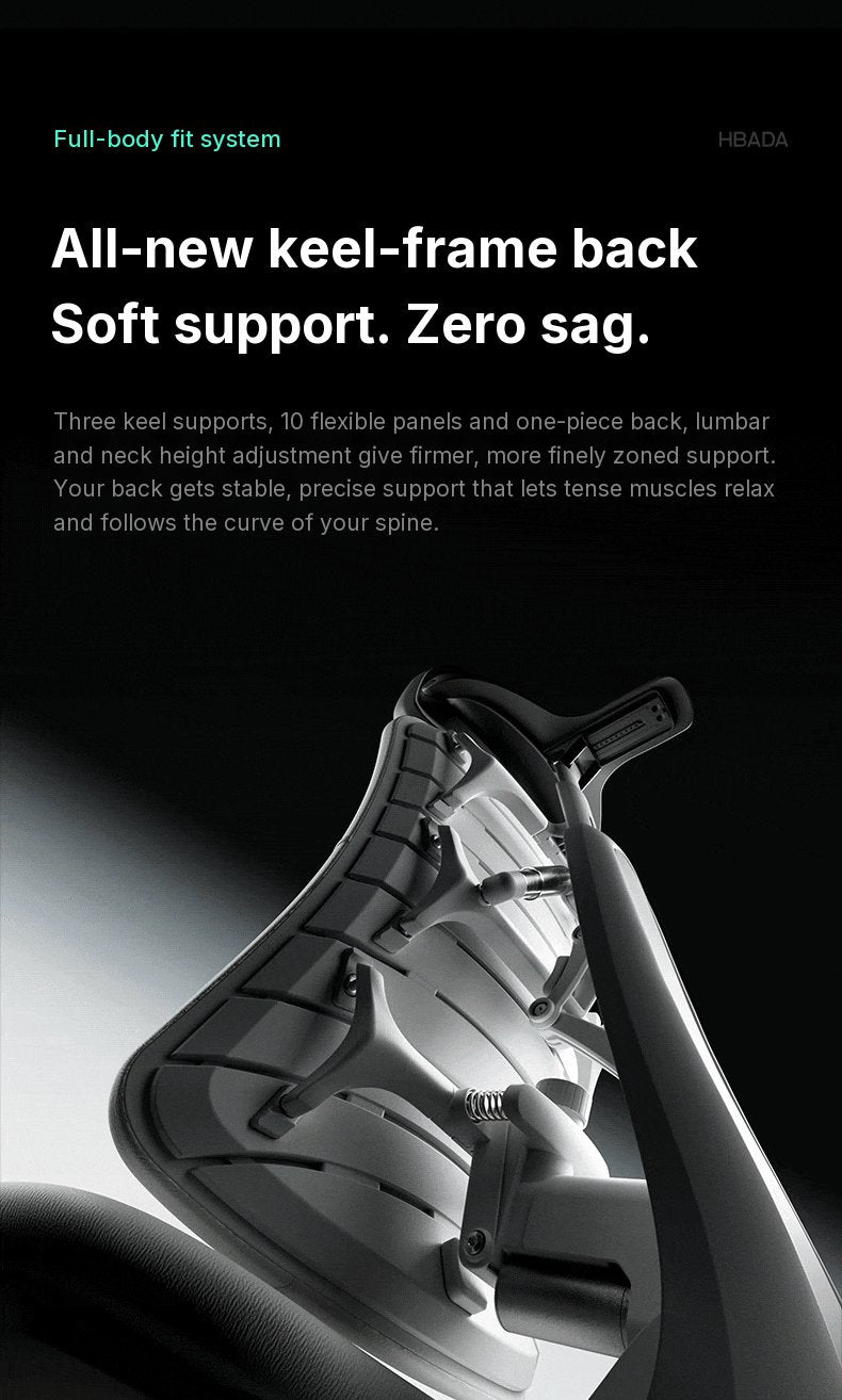 Close-up of the HBADA T8 Max keel-frame backrest with its flexible panels and spring
