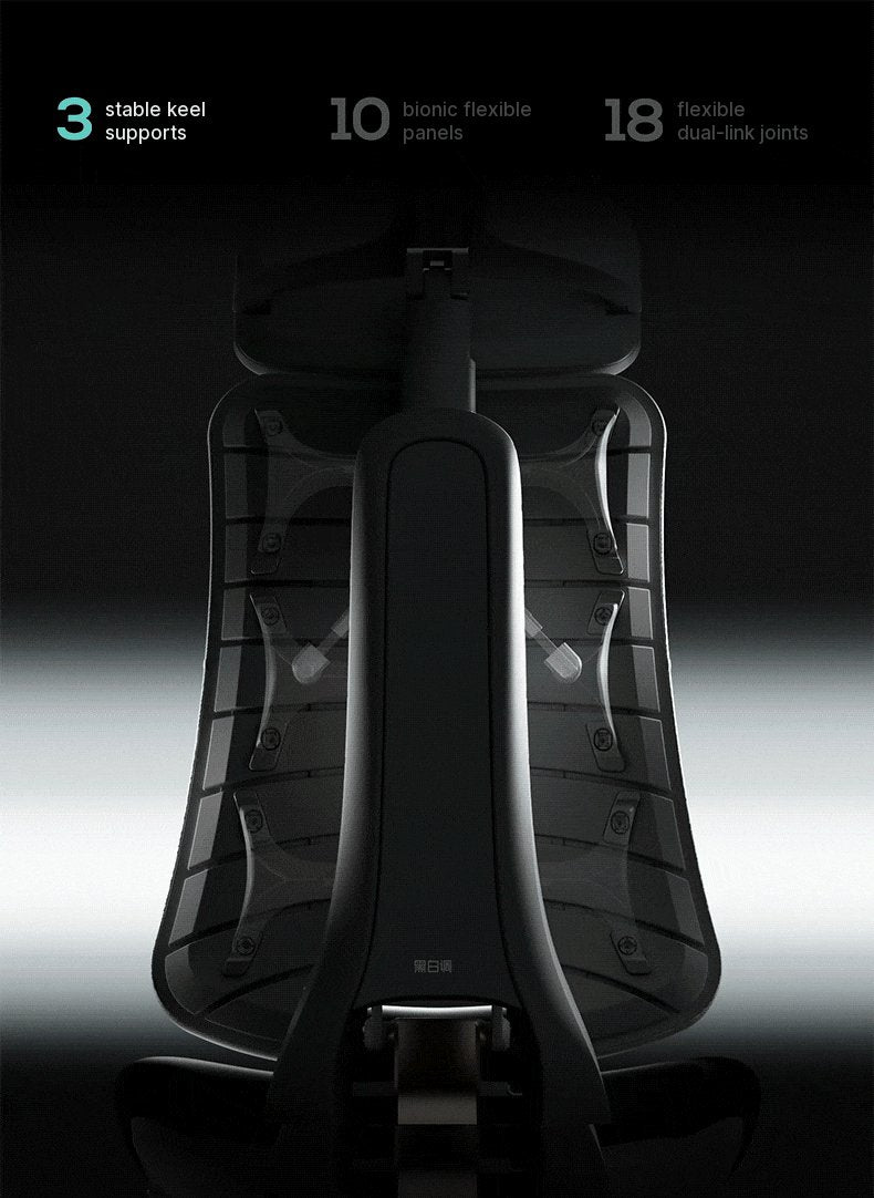 Rear view of the HBADA T8 Max backrest as its 3 keel supports, 10 bionic flexible panels and 18 flexible dual-link joints light up in turn