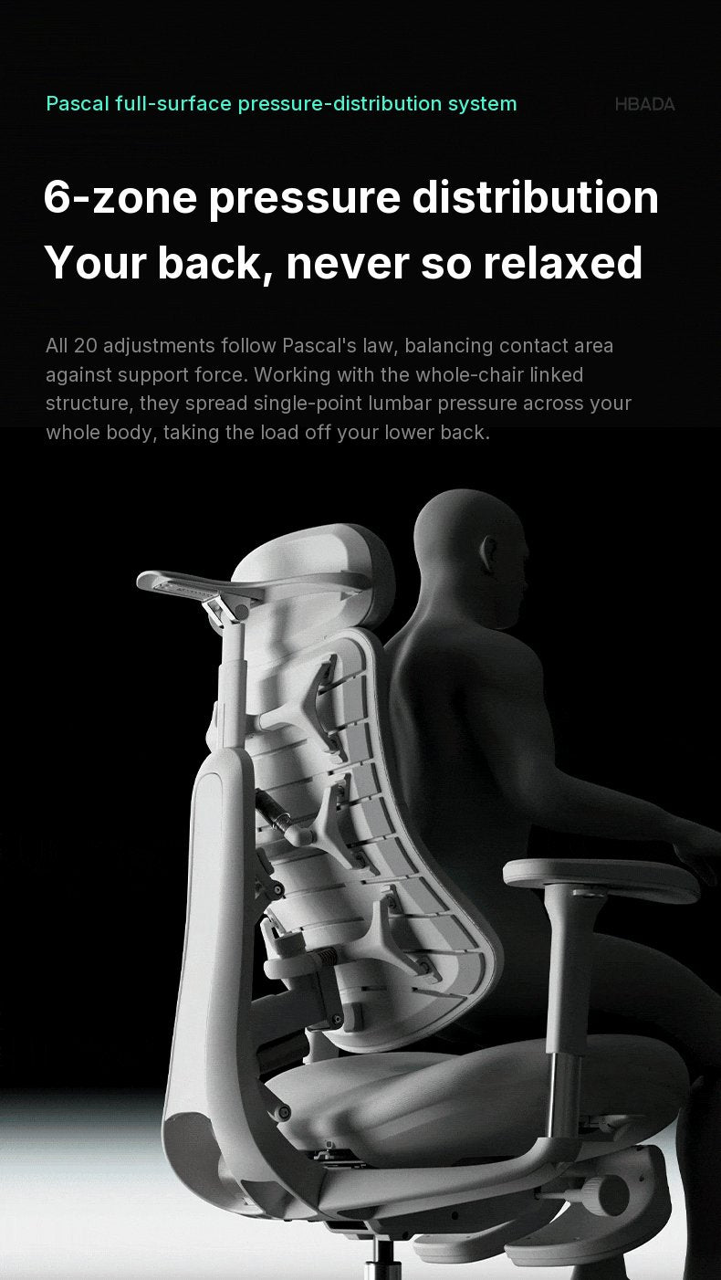 HBADA T8 Max reclining, with six labelled pressure zones: neck, shoulders, elbows, lower back, hips and thighs