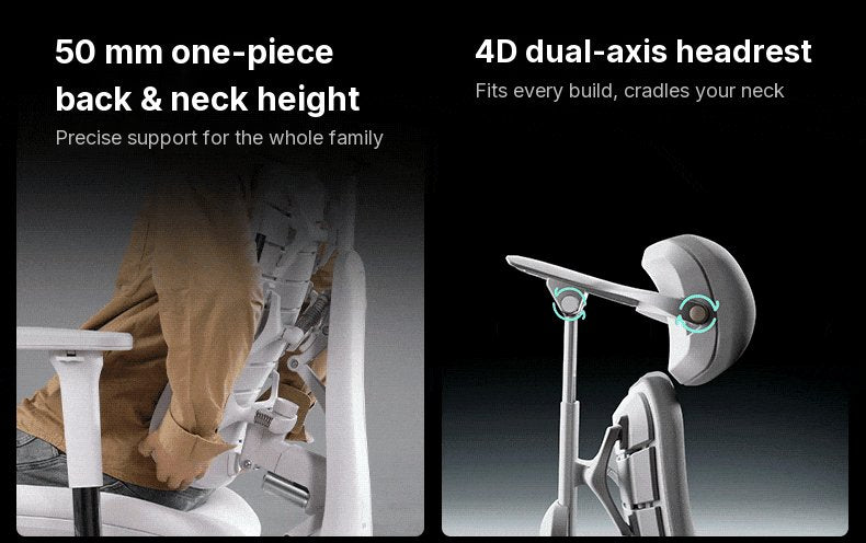 Left: a man raising the HBADA T8 Max backrest. Right: the 4D headrest rotating 70° on two axes