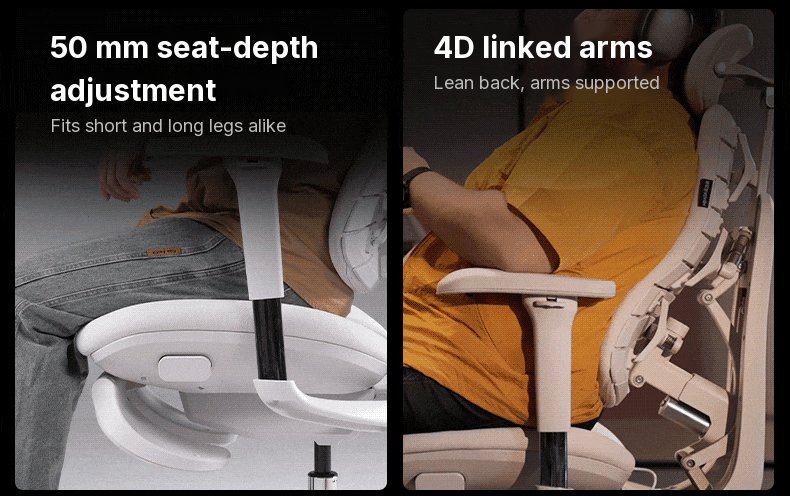 Left: the HBADA T8 Max seat sliding under a seated man. Right: a man reclining with his arms on the 4D armrests