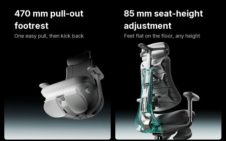 Left: the HBADA T8 Max footrest pulling out. Right: a see-through render of the seat-height mechanism