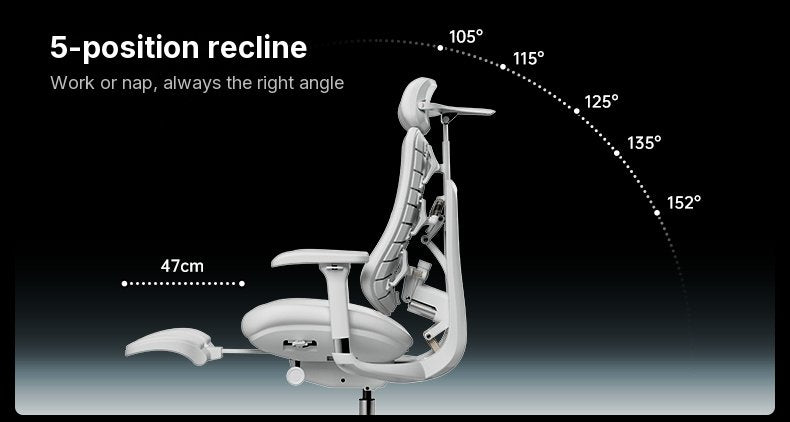 HBADA T8 Max reclining through five positions from 105° to 152°, footrest extended 47 cm