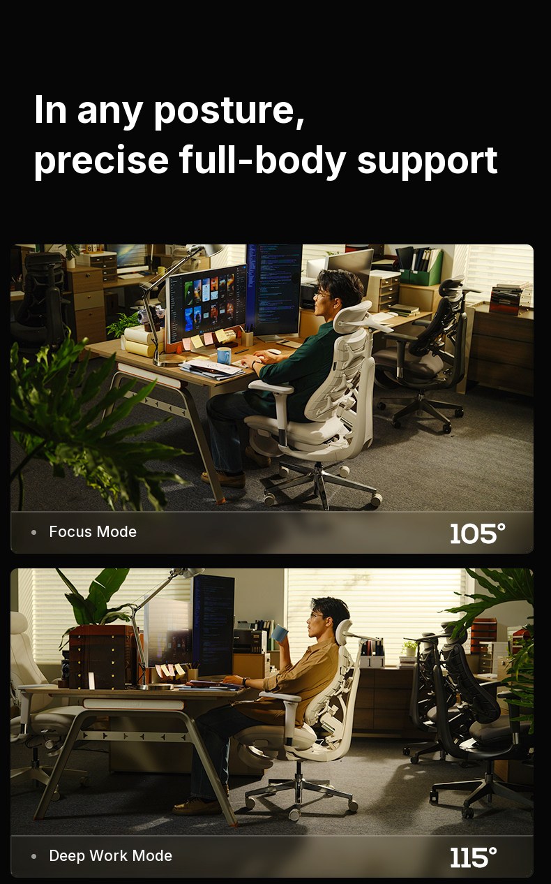 Two office scenes in the HBADA T8 Max: typing upright in Focus Mode (105°) and leaning back with a coffee in Deep Work Mode (115°)