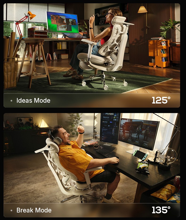 Woman reclining at 125° in a white HBADA T8 Max in a sunlit home office, and a man leaning back at 135° while gaming