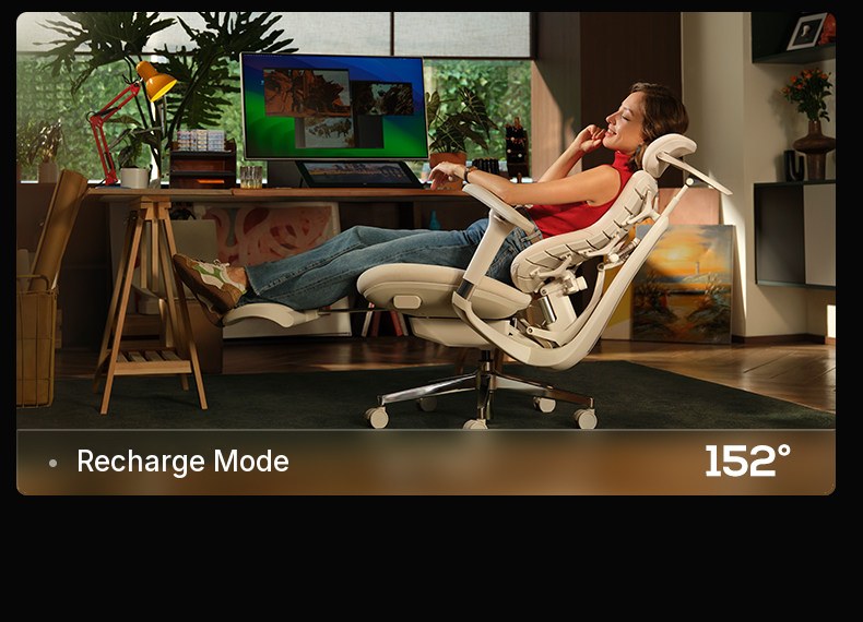 Woman fully reclined at 152° in the HBADA T8 Max with the footrest extended