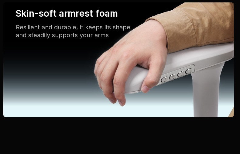 Forearm resting on the padded HBADA T8 Max armrest beside its control buttons