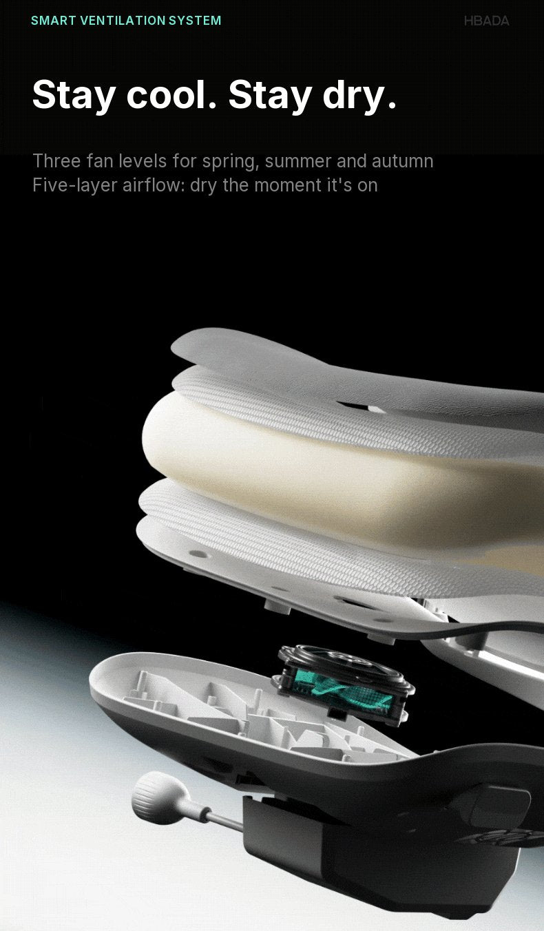 Exploded view of the ventilated seat: fabric, mesh, perforated foam, airflow mesh, air guide and centrifugal fan
