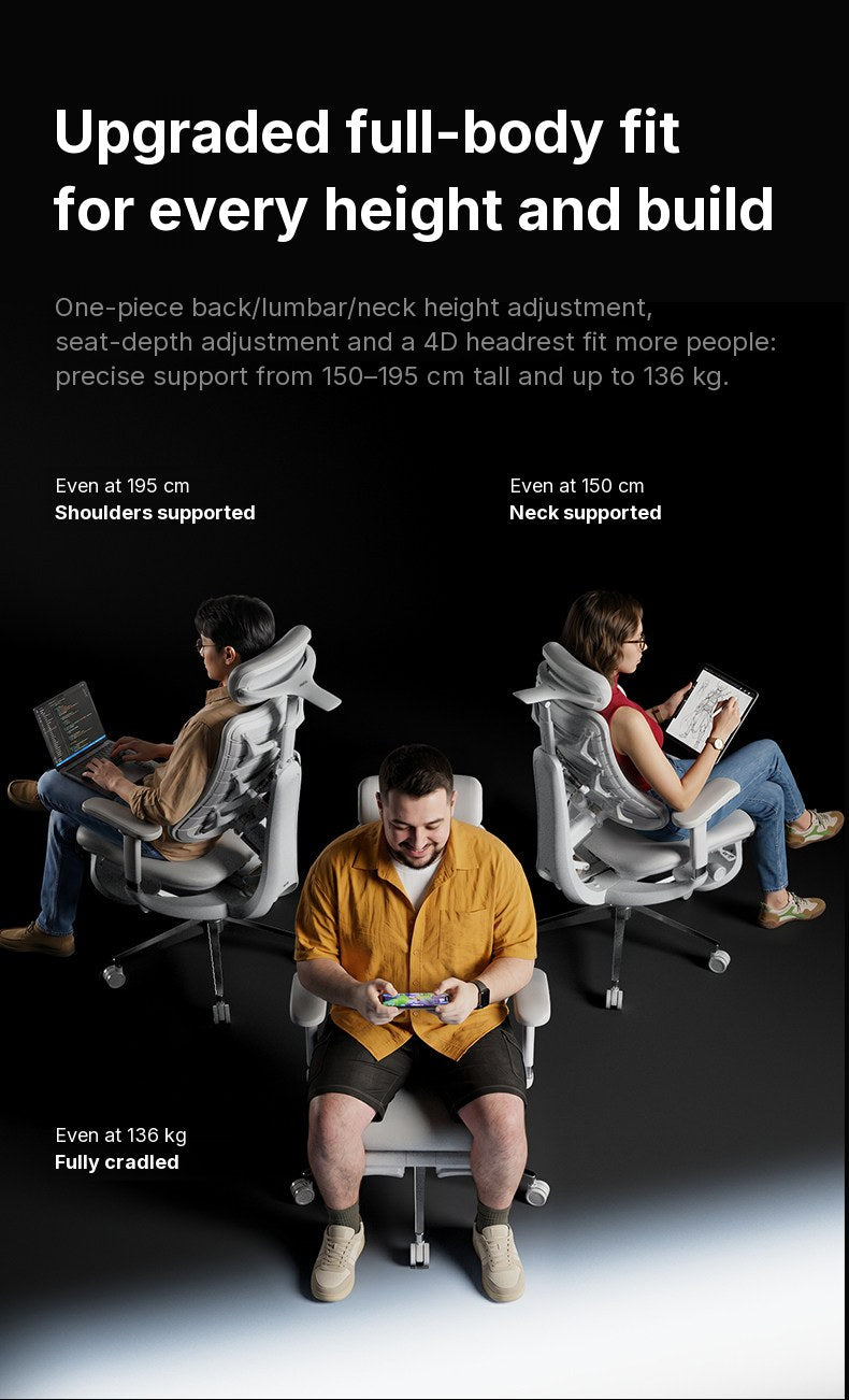 Three people of different heights and builds sitting in HBADA T8 Max chairs