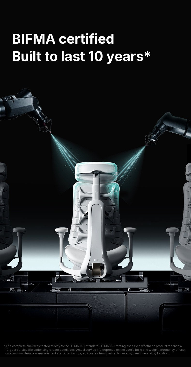 Robotic arms testing an HBADA T8 Max chair to the BIFMA standard