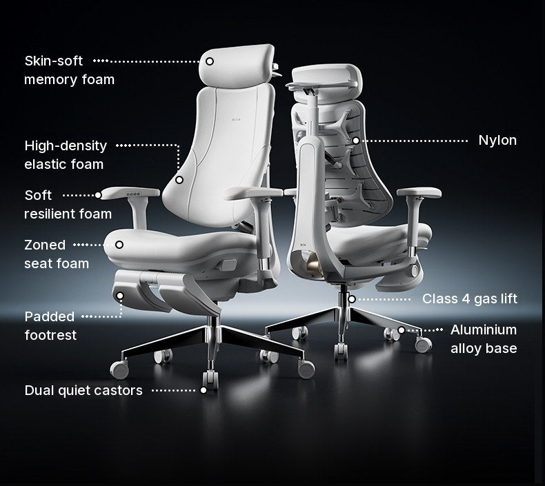 Two HBADA T8 Max chairs with callouts naming the foam, frame and base materials