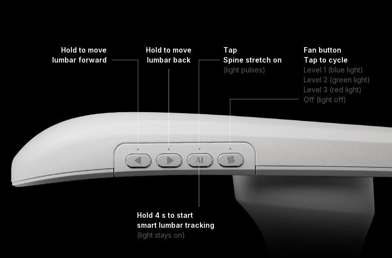 HBADA T8 Max armrest control buttons with labels for lumbar, spine stretch and fan