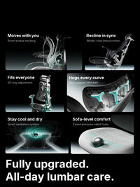 HBADA T8 Max key features: moves with you, recline in sync, fits everyone, hugs every curve, stays cool, sofa-level comfort