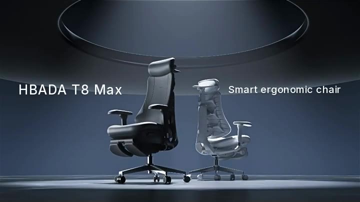 HBADA T8 Max product film: the keel-frame back, the whole-chair linkage, zoned foam and seat ventilation, ending on the T8 Max in black and white