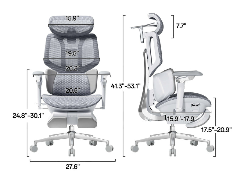 HBADA X7 front and side dimension drawing, measurements shown in inches
