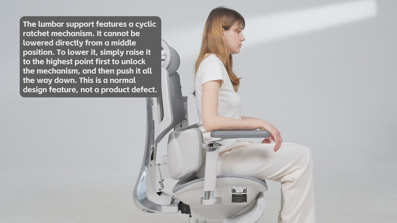 Woman seated in the HBADA X7 next to a note on adjusting the lumbar support height