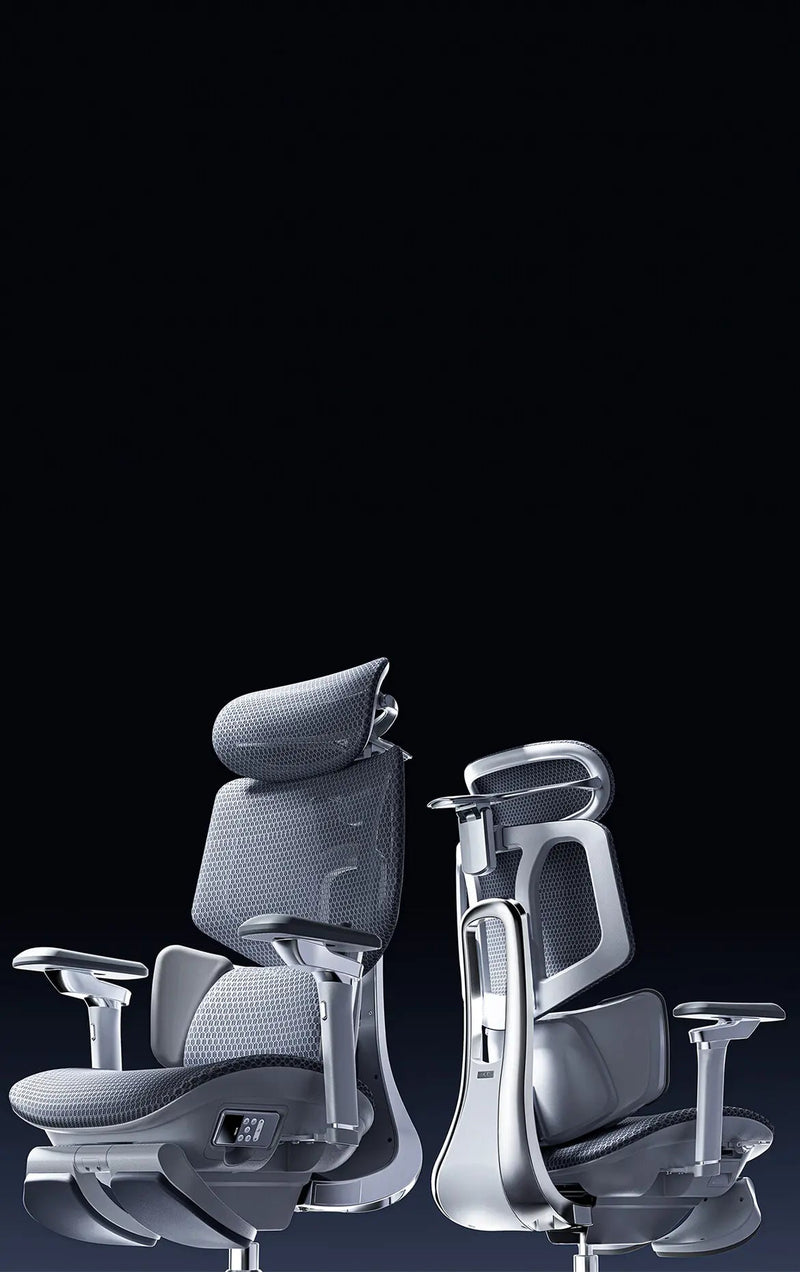 Two HBADA X7 smart ergonomic chairs in Grey, one seen from the front and one from the back